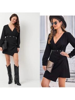 Zara black wrap V-neck long sleeve mini dress Silvertone Grommet eyelet trim M